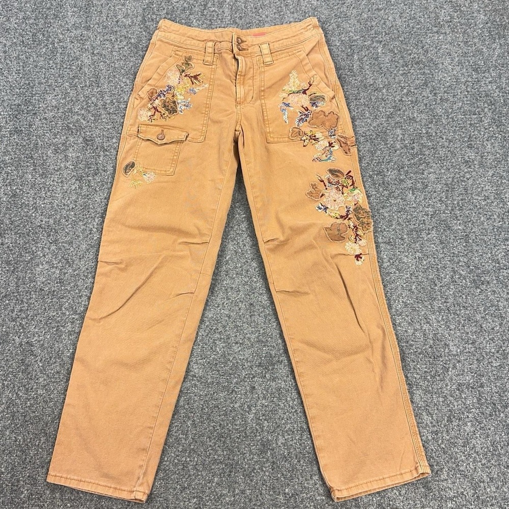 Anthropologie The Wanderer Pants Womens 26 Brown Floral Cargo Twill Embroidered